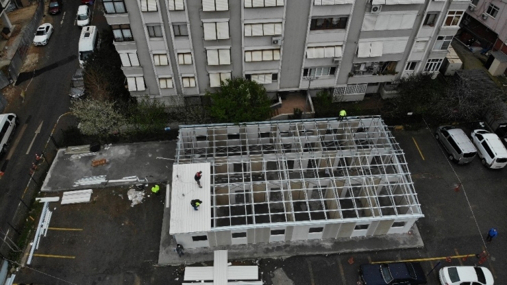 Pendik Devlet Hastanesi’ne Korona Virüs Tedbirleri Kapsamında Yapılan Ön Tanı Bölümü İnşaatı Havadan Görüntülendi