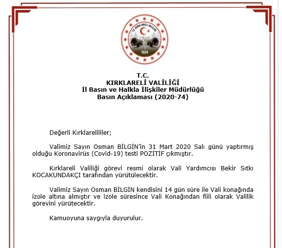Kırklareli Valisi Osman Bilgin Korona Virüse Yakalandı