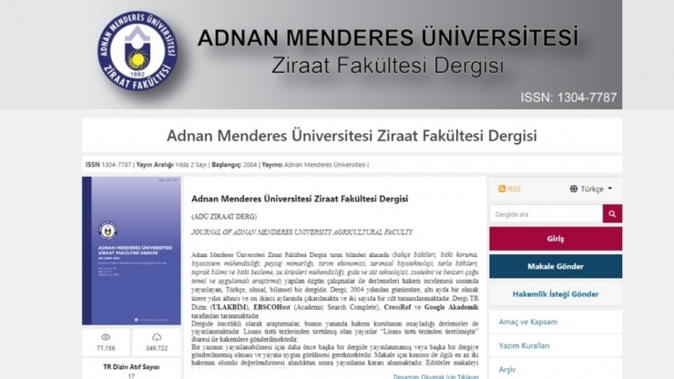 Adü Ziraat Fakültesi Dergisi Online Erişim İle Bilim İnsanlarına Sunuldu