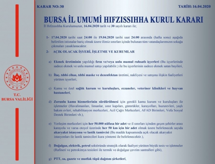 Bursa’da Sokağa Çıkma Yasağına İlişkin Kararlar Açıklandı