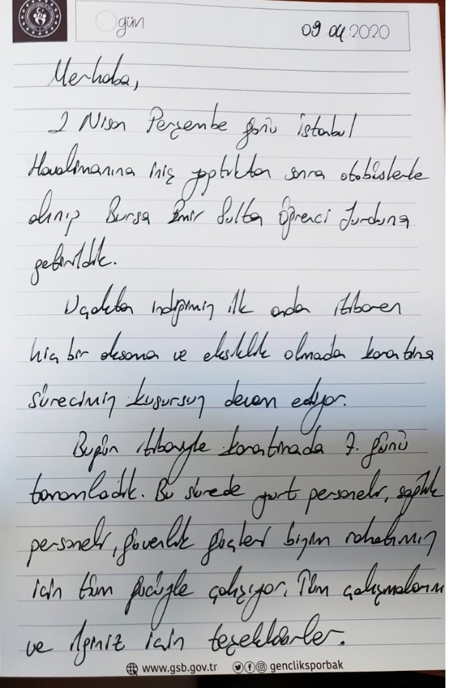 Karantinadaki Vatandaşlardan Teşekkür Mektubu