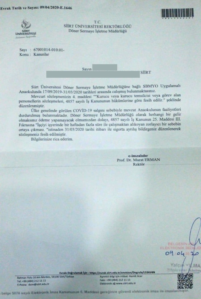 Siirt Üniversitesi Rektörü Korona Virüs Nedeniyle 7 Personelin İşine Son Verdi