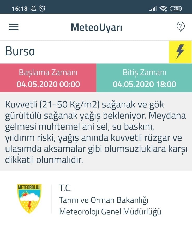 Meteorolojiden Bursa’ya ’Sarı’ Uyarı