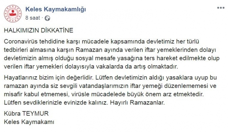 Bursa’da Belediye Başkanından Toplu İftar Düzenleyen Vatandaşlara Uyarı