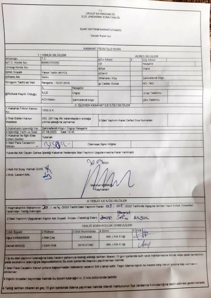 Nevşehir’de 4 Yaşındaki Çocuğa 3 Bin 150 Lira Para Cezası Kesildi