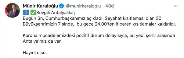 Antalya Valisi Karaloğlu: " Geldiğimiz Nokta Umut Verici Ancak Gevşemeyelim"