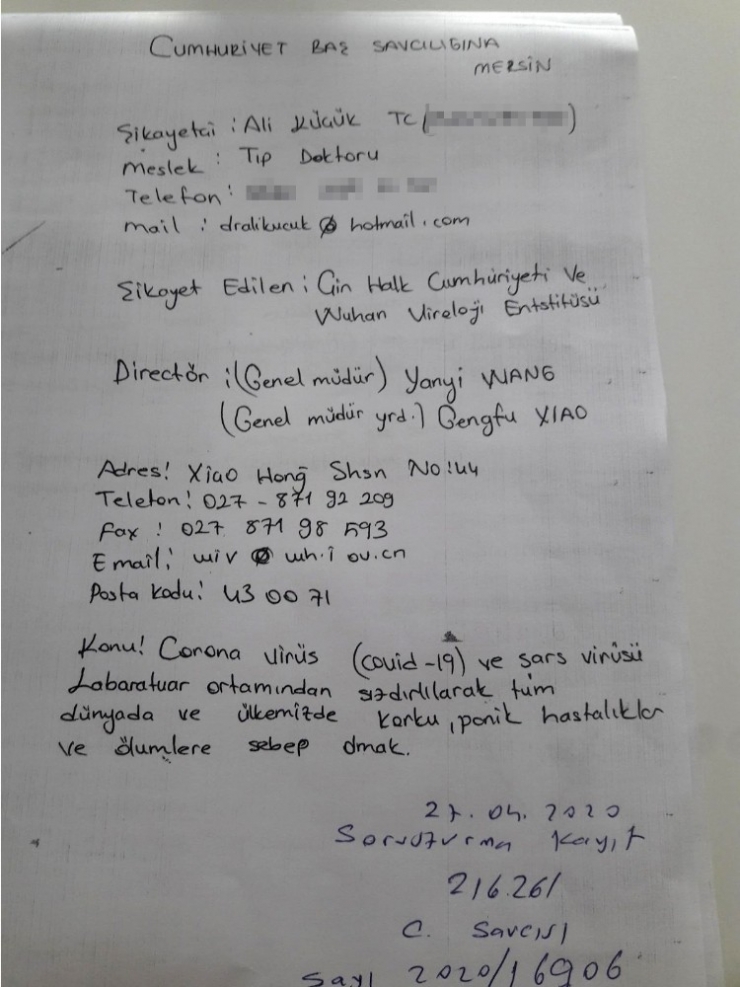 Mersinli Doktordan, Wuhan Viroloji Enstitüsü Hakkında Suç Duyurusu
