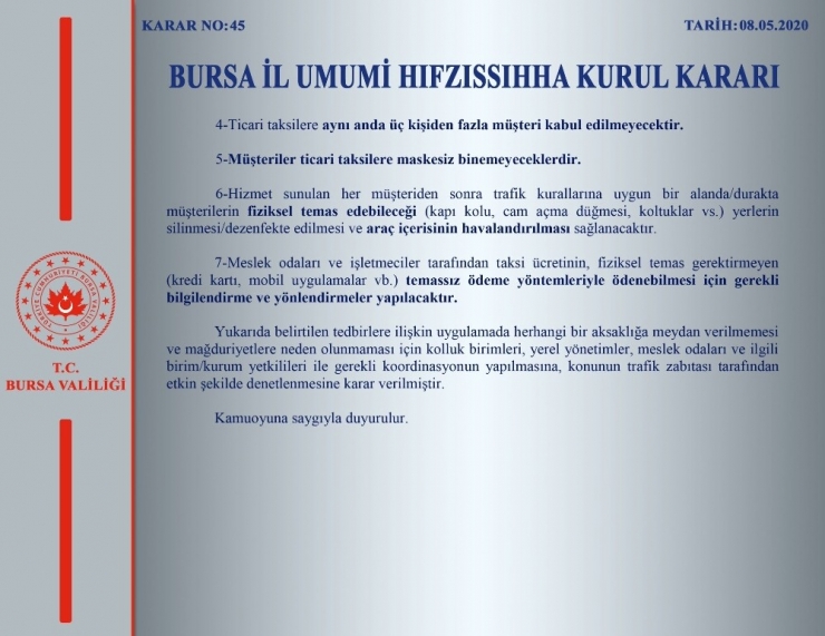 Bursa’da Taksiciler İçin Korona Virüs Kararları Açıklandı