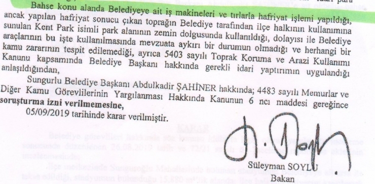Sungurlu Belediye Başkanı Şahiner Hakkında Soruşturmaya İzin Verilmedi